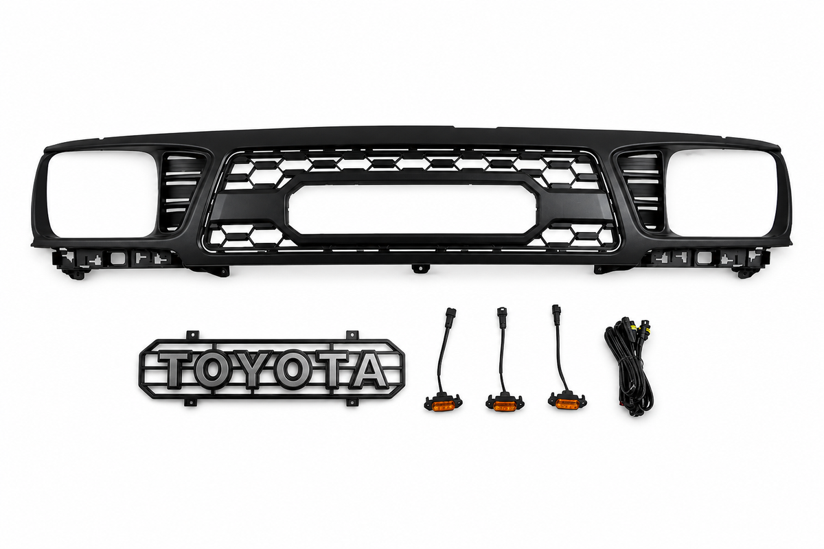 1995-1997 Tacoma TRD style grille kit with TOYOTA letter insert, amber Raptor lights and wiring