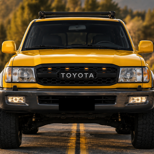 TRD style grille for 1998-2002 Land Cruiser with TOYOTA letters, shown on a yellow 100 Series Land Cruiser, front view