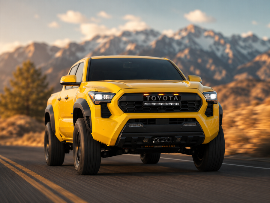 Yellow 2024+ Tacoma with the TRD style grille, amber Raptor lights and LED light bar