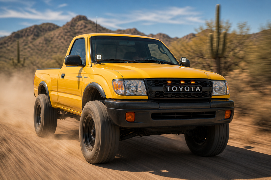 Yellow 1st Gen Tacoma with a Yota Nation TRD style grille in the desert
