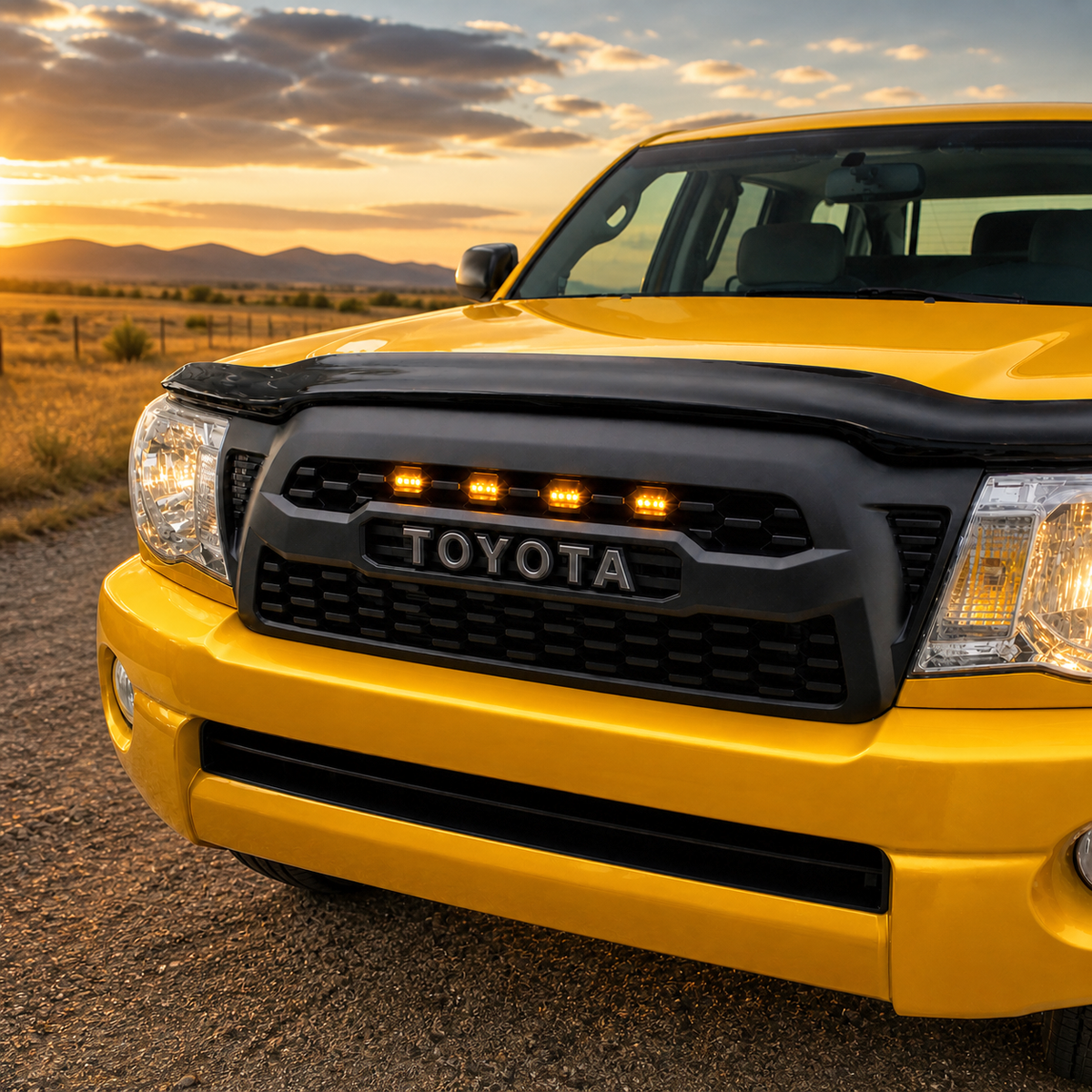 Yellow 2005-2011 Tacoma with TRD style grille and amber Raptor lights